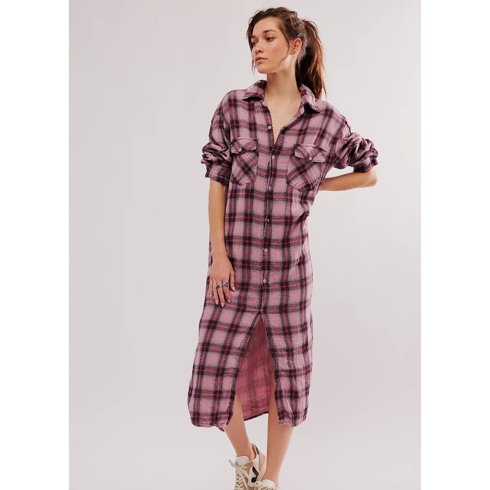 Free People x CP Shades Plaid Maxi Top Button Down Dress‎ Purple Size S